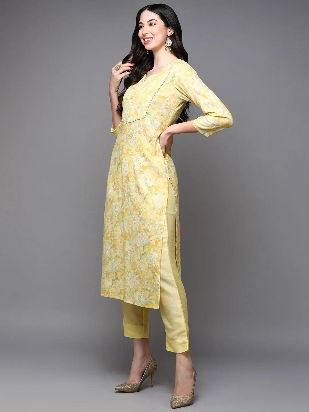 Cotton Blend Floral Printed Indian Kurta for Ladies- Yellow Hue