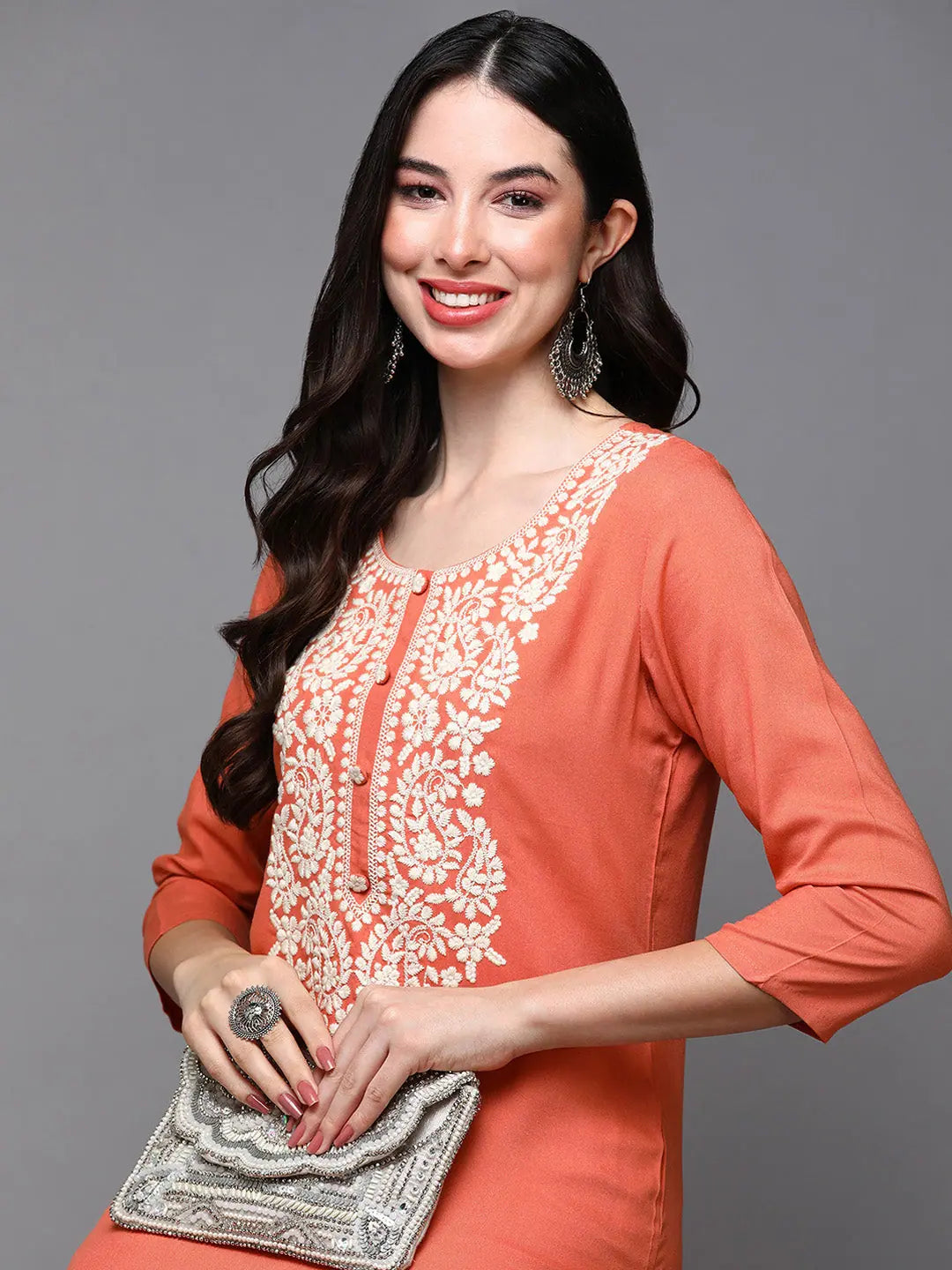 Vibrant Embroidered Orange Indian Kurti - Viscose Rayon Comfort