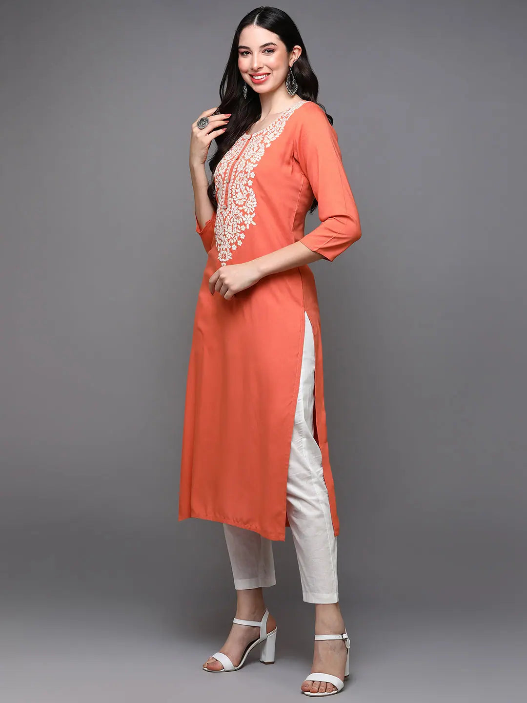 Vibrant Embroidered Orange Indian Kurti - Viscose Rayon Comfort