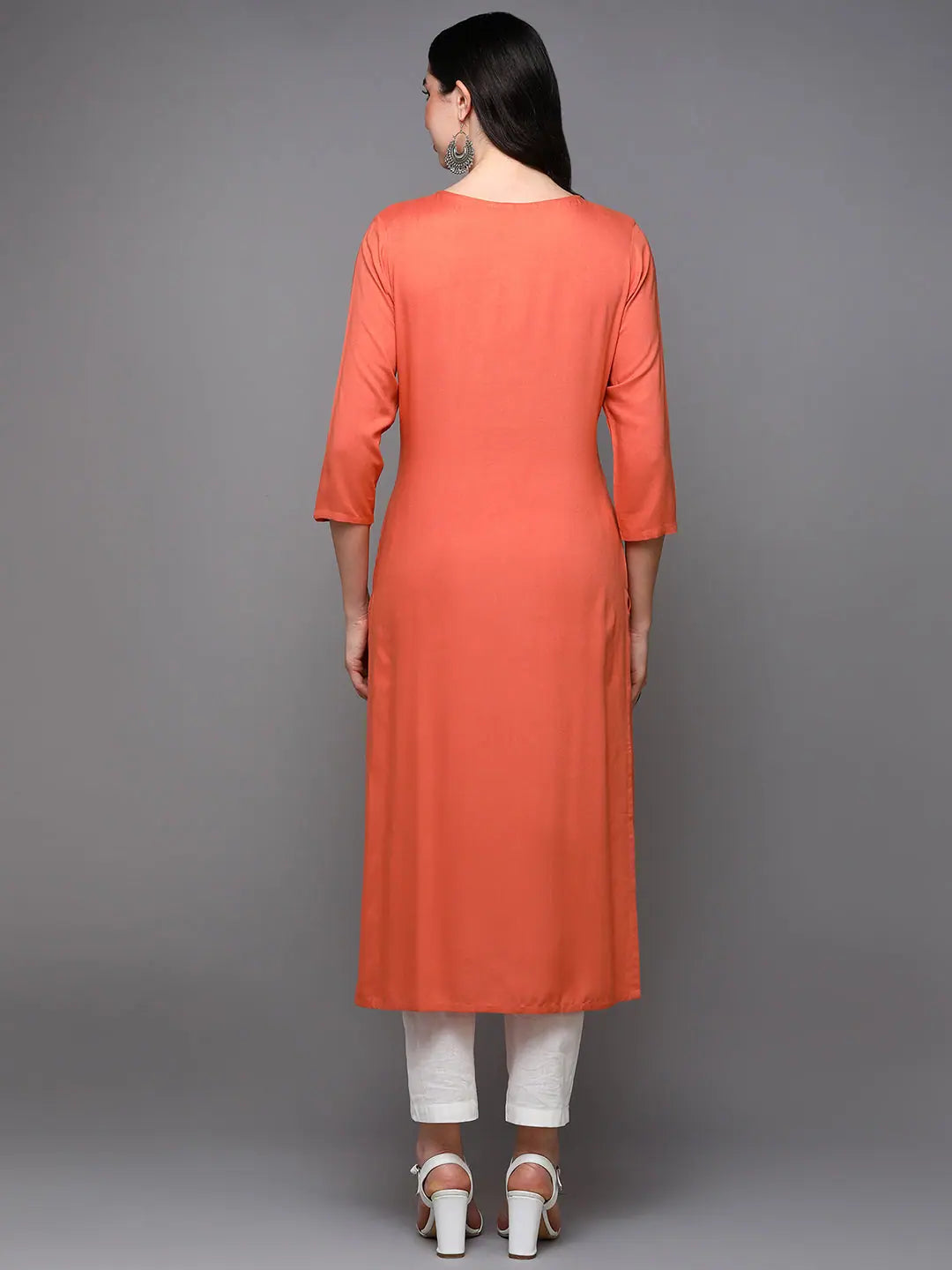 Vibrant Embroidered Orange Indian Kurti - Viscose Rayon Comfort
