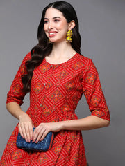 Cotton Red Bandhani Printed Flared
