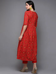 Cotton Red Bandhani Printed Flared