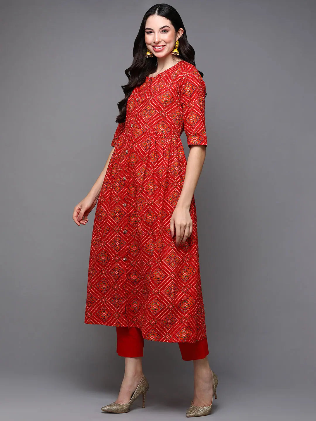 Red Cotton Bandhani Printed Flared Indian Kurta for Women