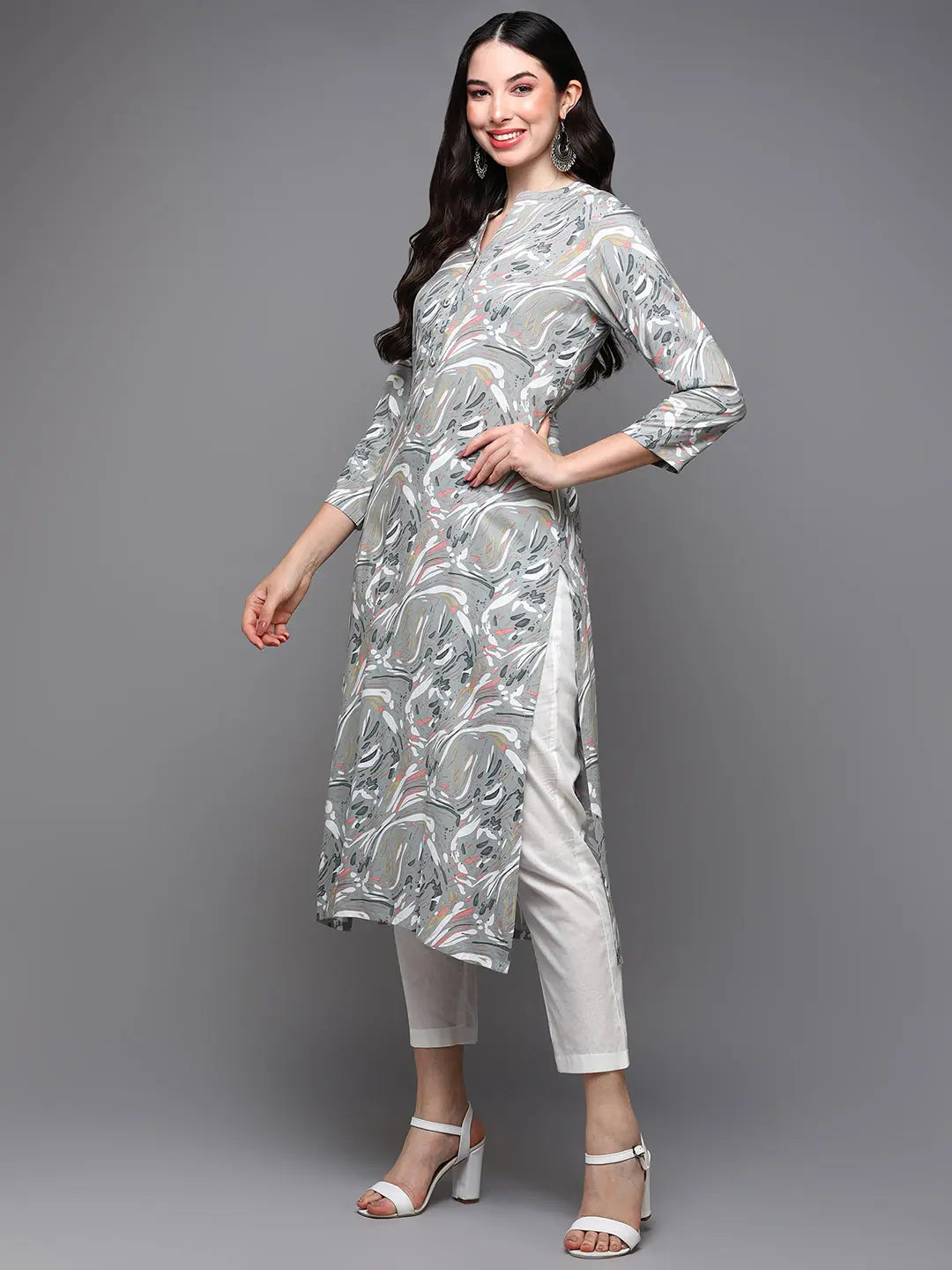 Grey Abstract Printed Kurta - Viscose Rayon Indian Kurtas