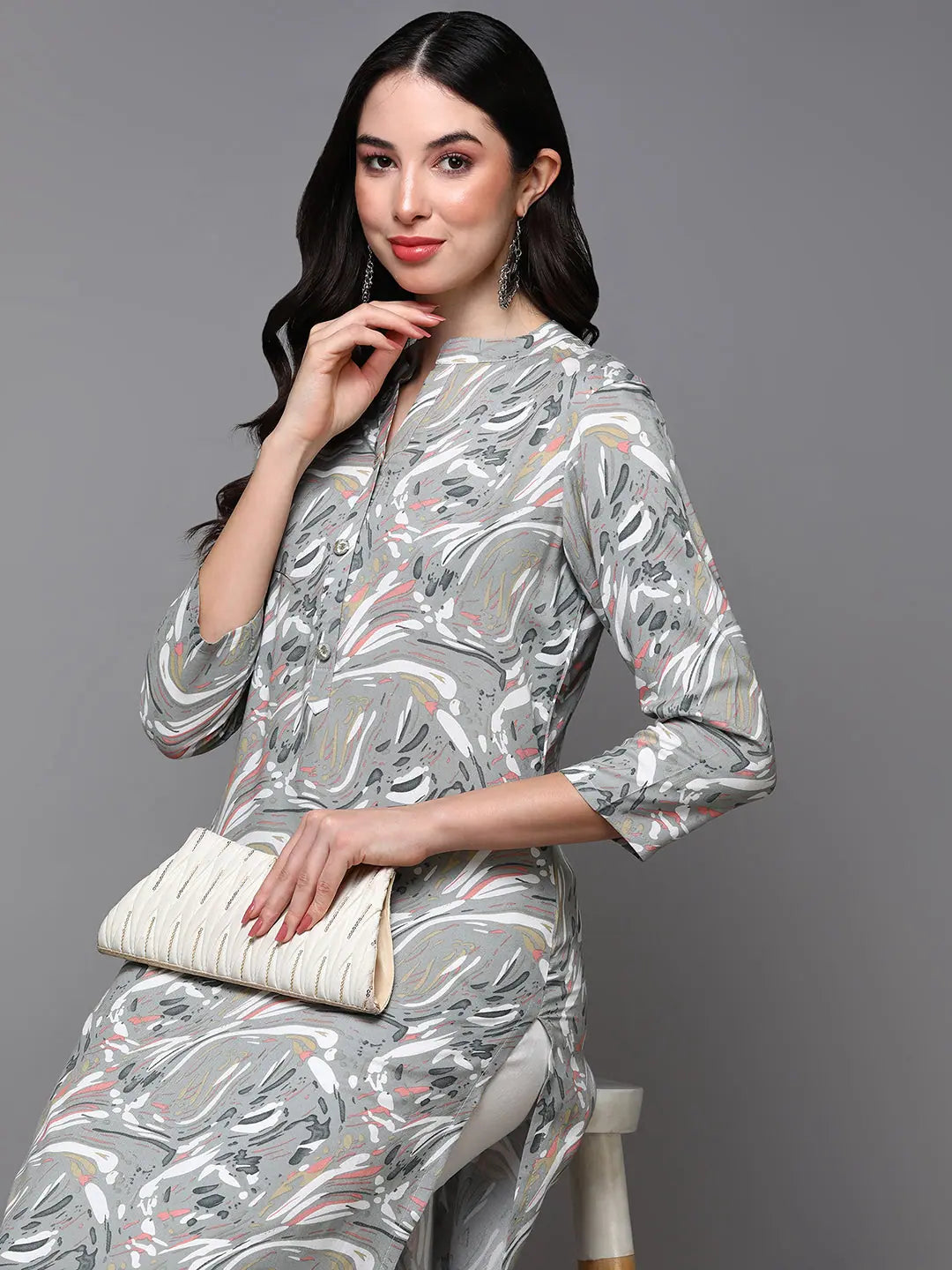 Grey Abstract Printed Kurta - Viscose Rayon Indian Kurtas
