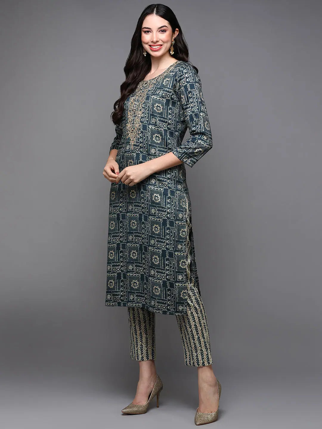 Navy Blue Printed Silk Blend Kurta - Elegant Indian Kurta