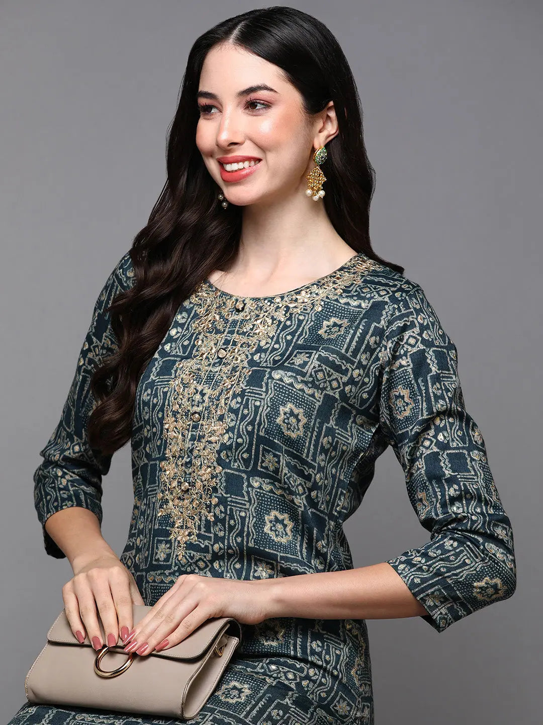 Navy Blue Printed Silk Blend Kurta - Elegant Indian Kurta