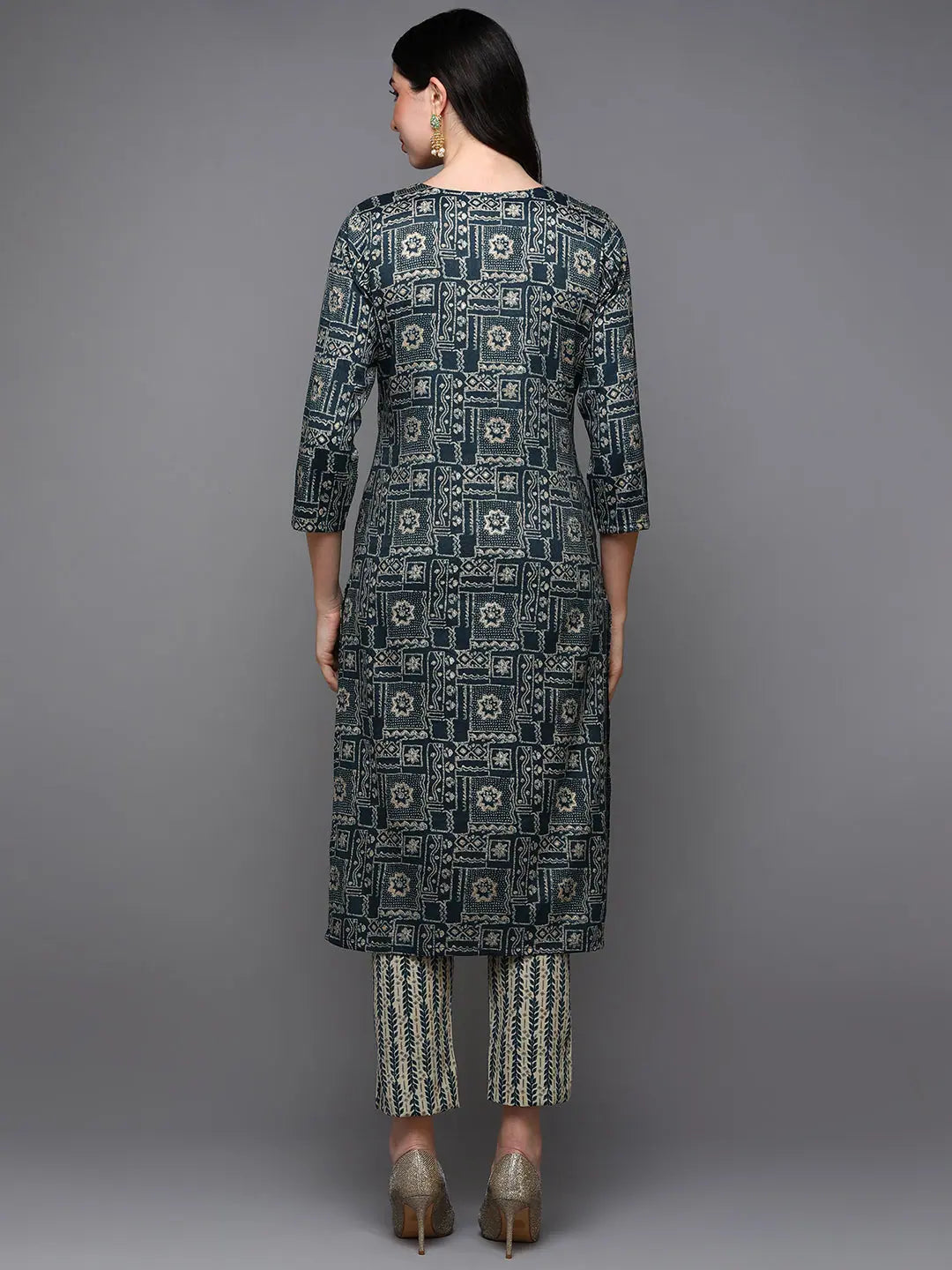 Navy Blue Printed Silk Blend Kurta - Elegant Indian Kurta