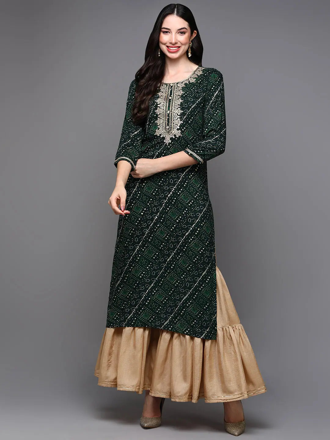 Green Bandhani Printed Viscose Kurta - Stylish Indian Kurtis