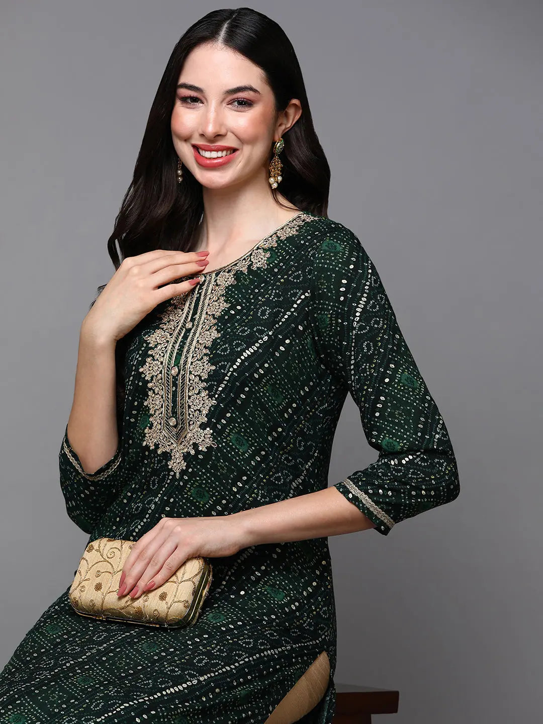 Green Bandhani Printed Viscose Kurta - Stylish Indian Kurtis