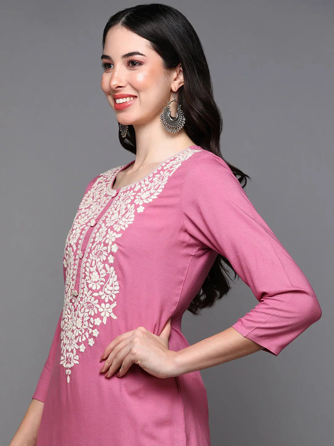 Pink Embroidered Indian Kurta for Women - Viscose Rayon Kurta