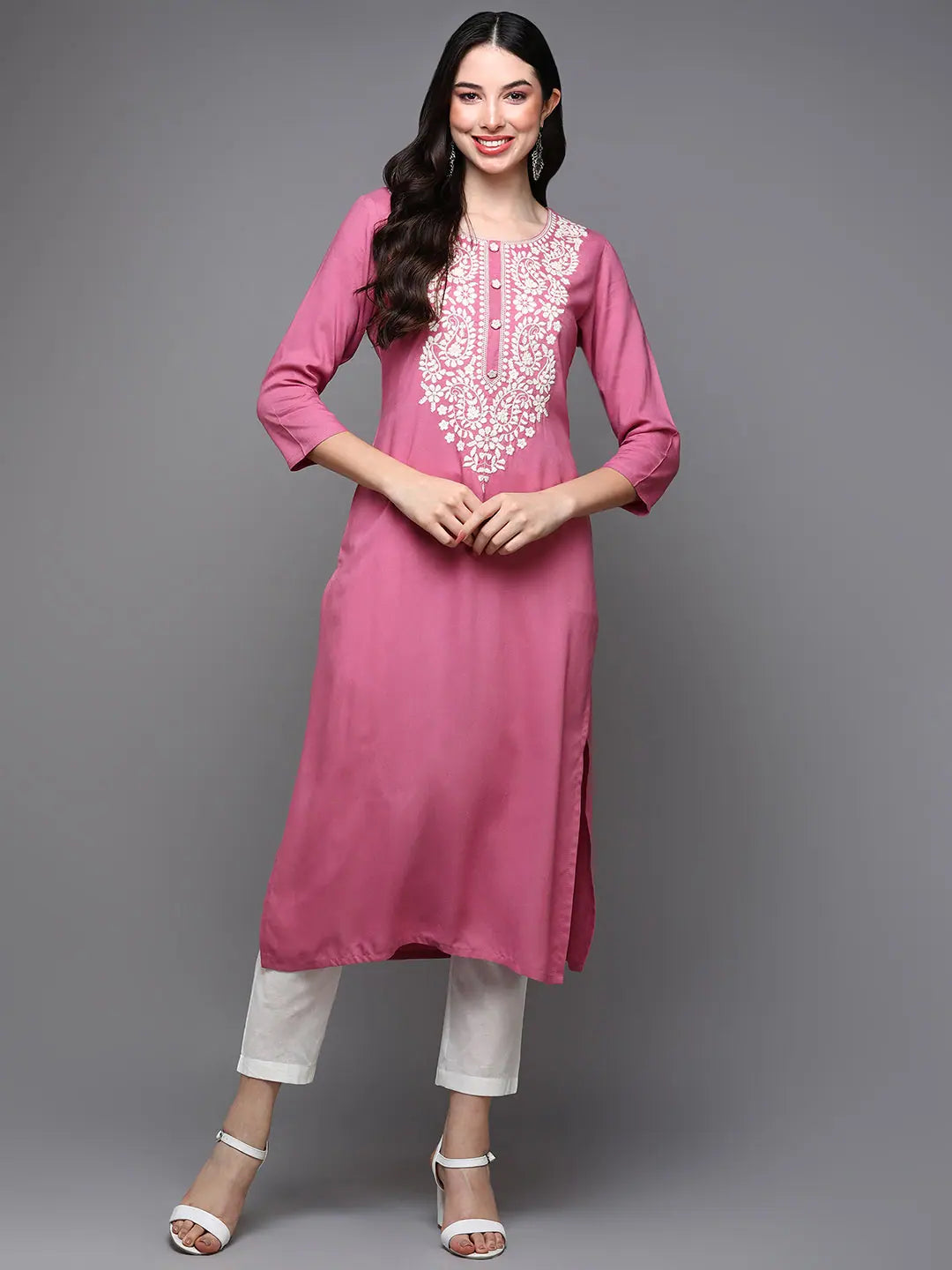 Pink Embroidered Indian Kurta for Women - Viscose Rayon Kurta
