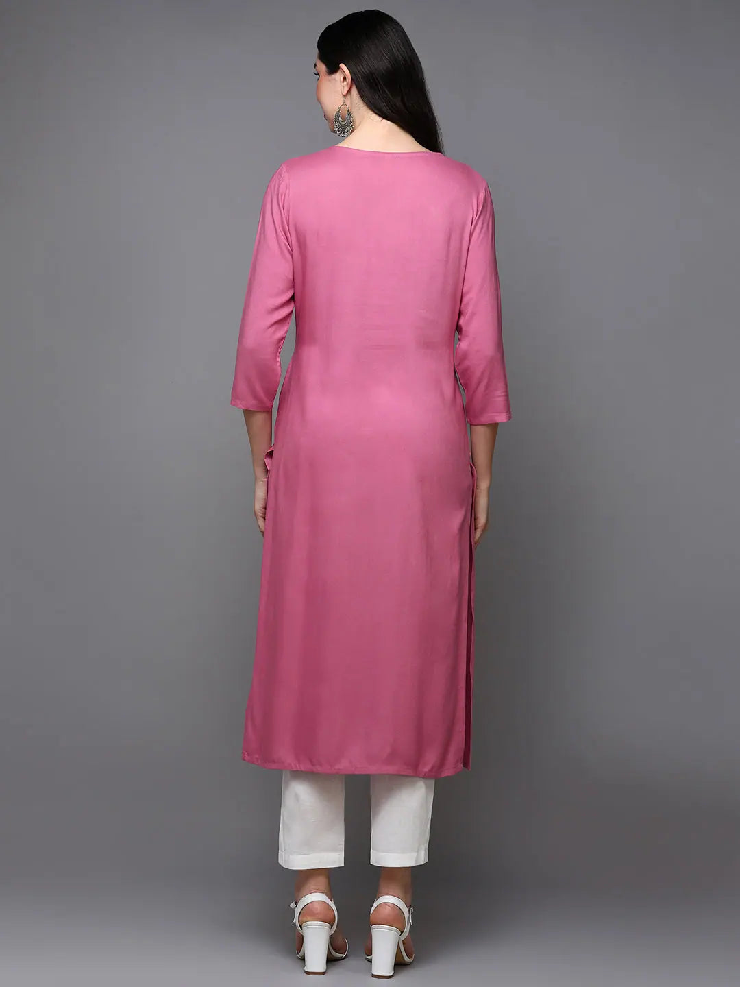 Pink Embroidered Indian Kurta for Women - Viscose Rayon Kurta