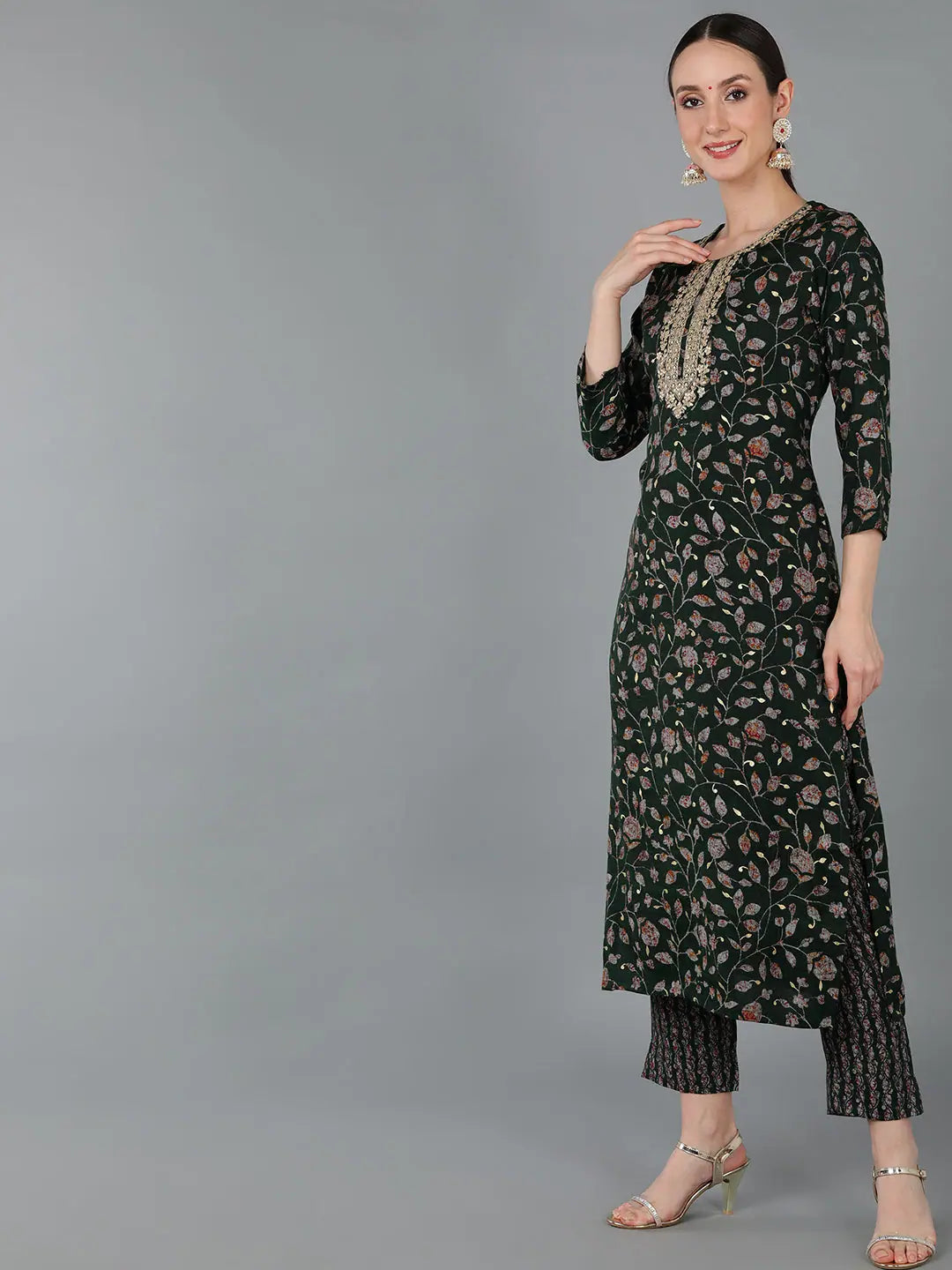 Green Silk Blend Printed Indian Kurta for Ladies - Shop Now!