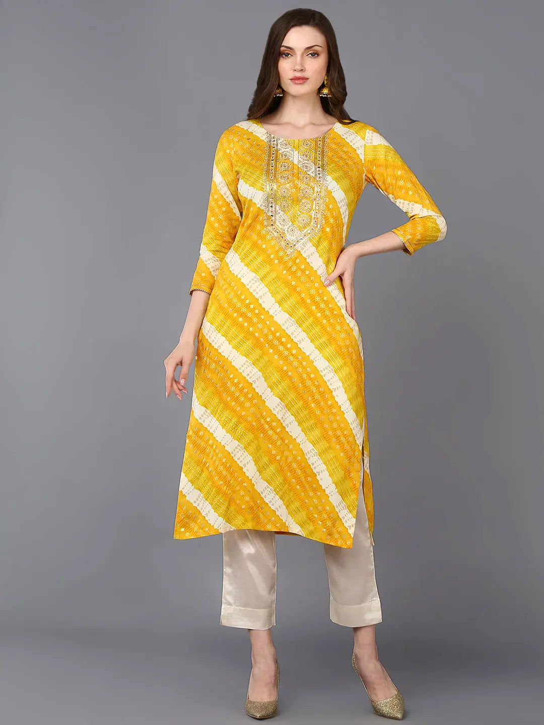 Yellow Laheriya Printed Kurta | Viscose Kurtis for Women