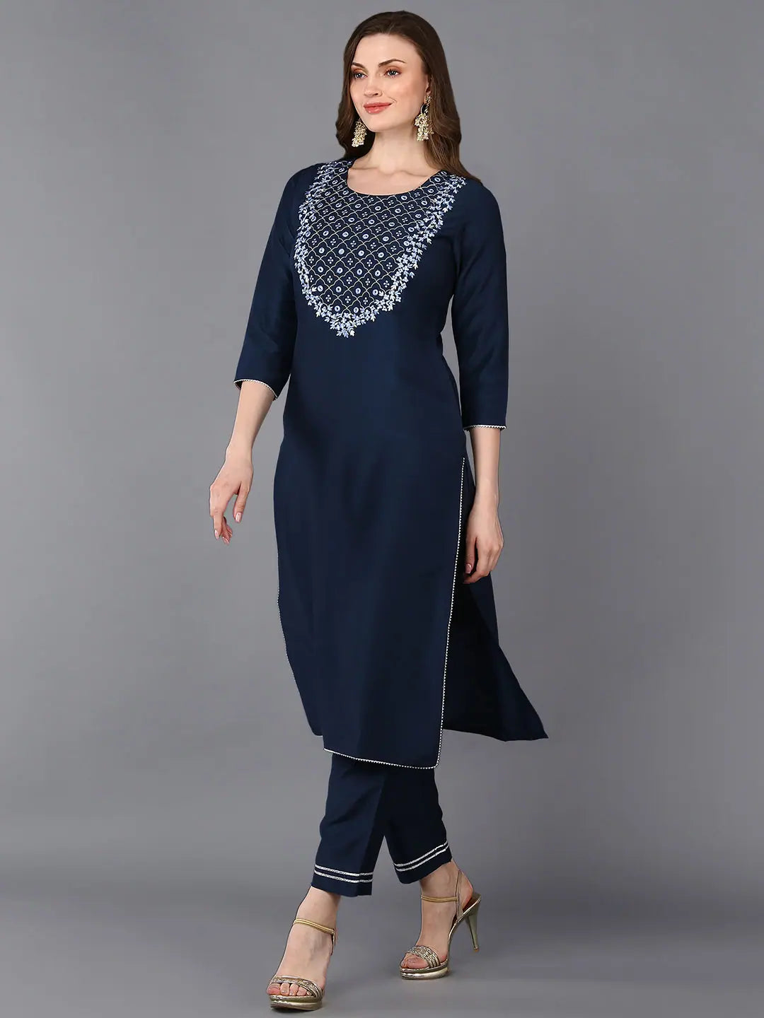 Blue Silk Blend Indian Kurta | Embroidered Kurtas for Ladies