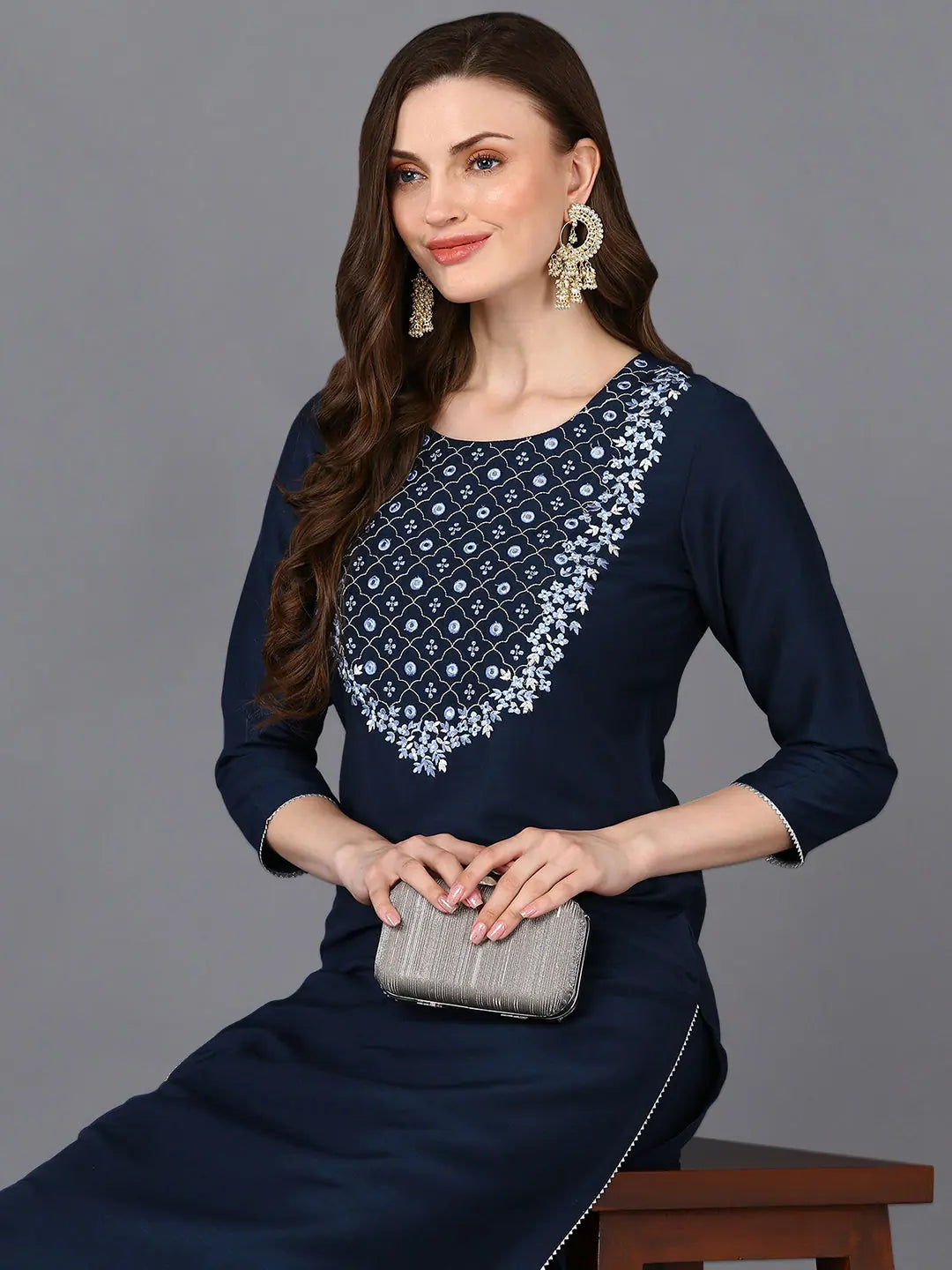 Blue Silk Blend Indian Kurta | Embroidered Kurtas for Ladies