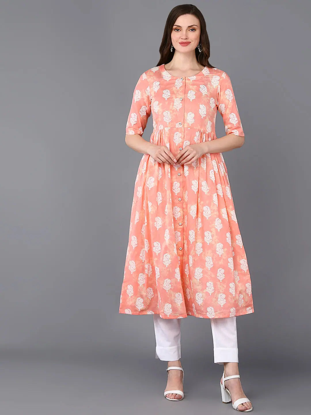 Cotton Peach Floral Indian Kurta for Women | Flared Kurtas