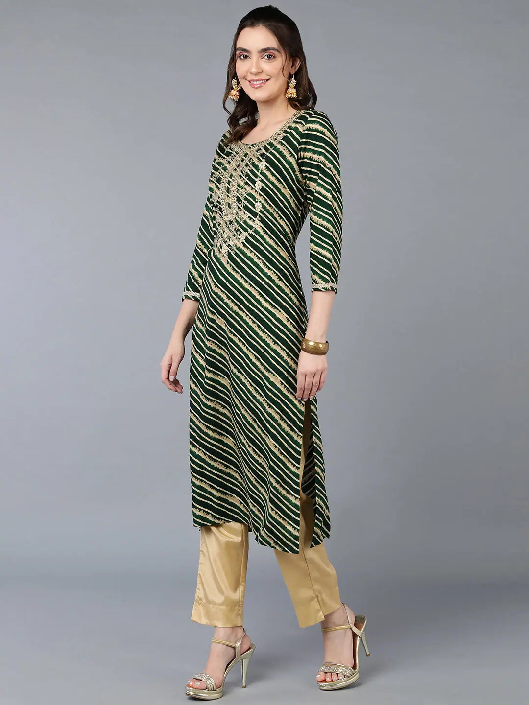 Green Laheriya Printed Kurtas | Viscose Rayon Indian Kurta