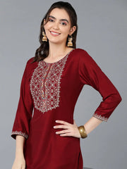 Silk Blend Maroon Embroidered Straight Kurta-VCK9385