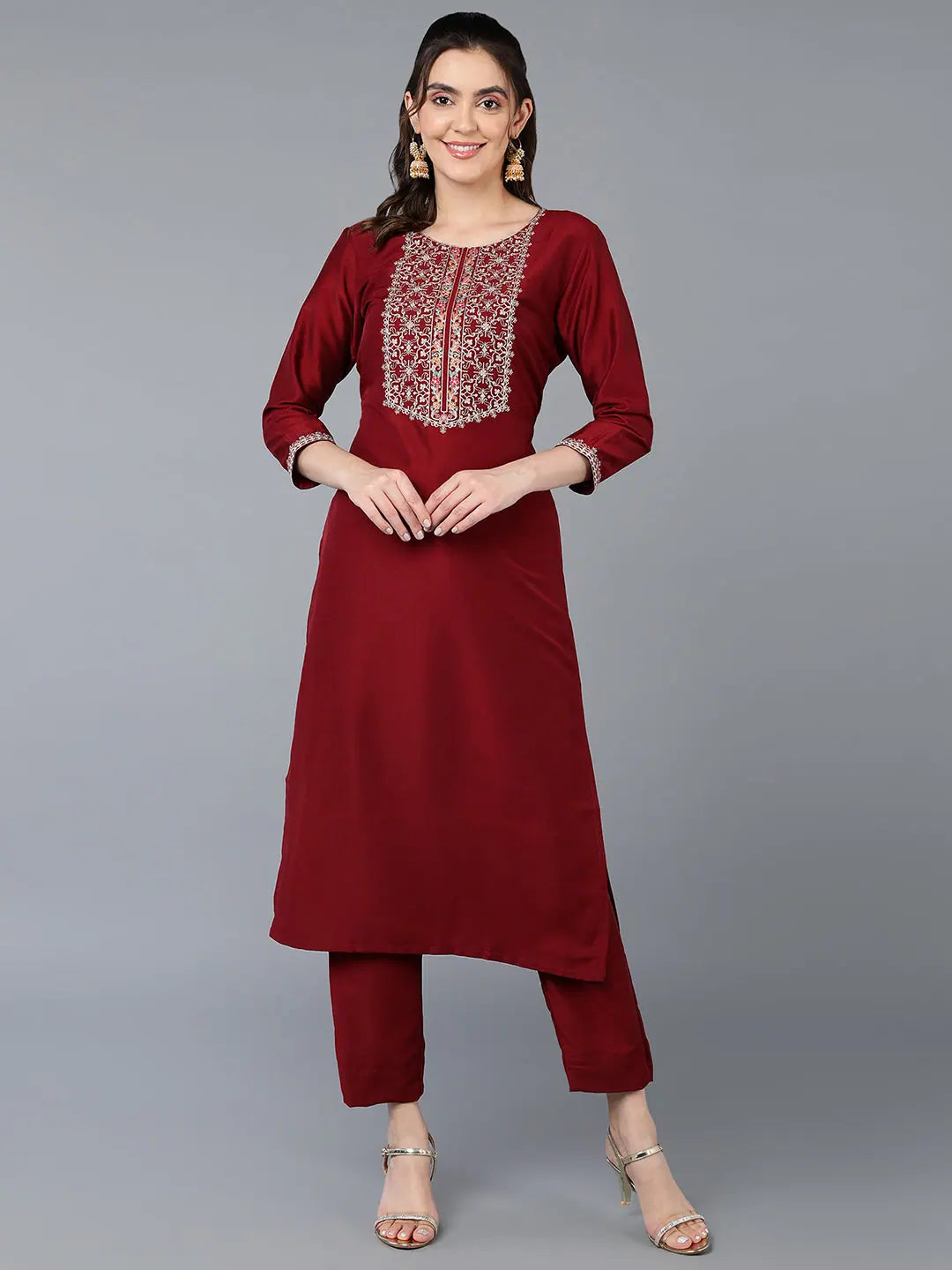 Silk Blend Maroon Embroidered Straight Kurta-VCK9385