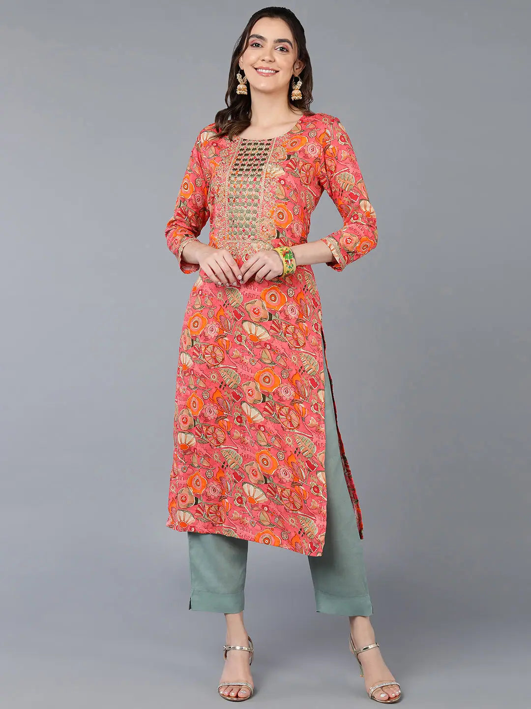 Viscose Rayon Pink Floral Printed Kurta-VCK9335