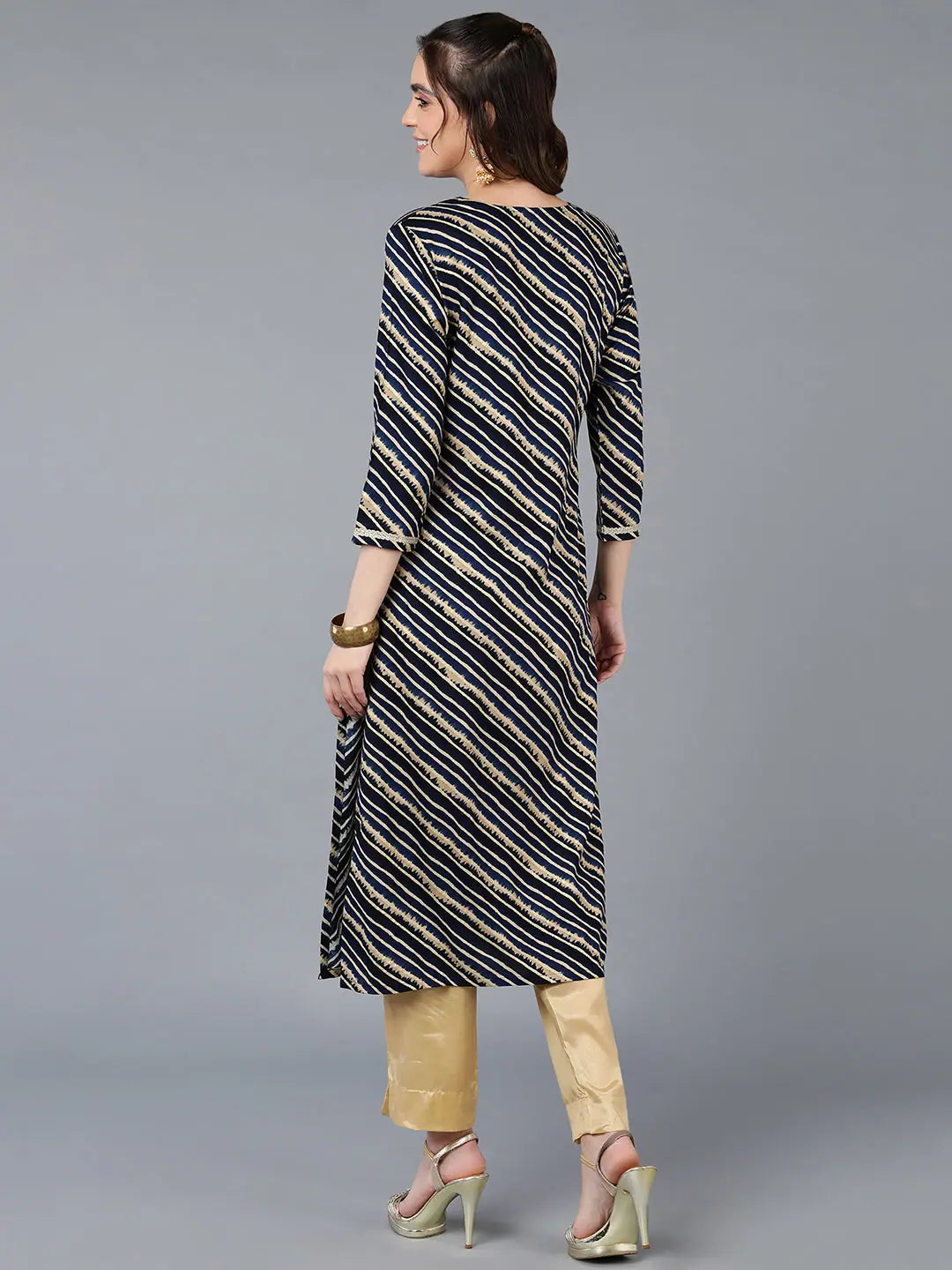 Navy Blue Laheriya Indian Kurta | Viscose Rayon Kurtas for Ladies
