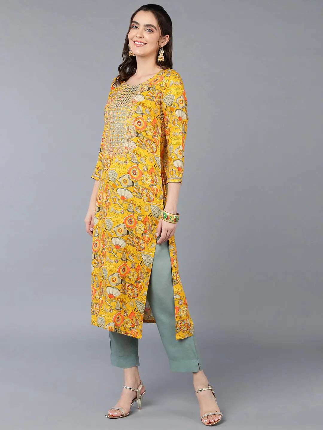 Yellow Embroidered Kurta | Viscose Rayon Indian Kurta for Women