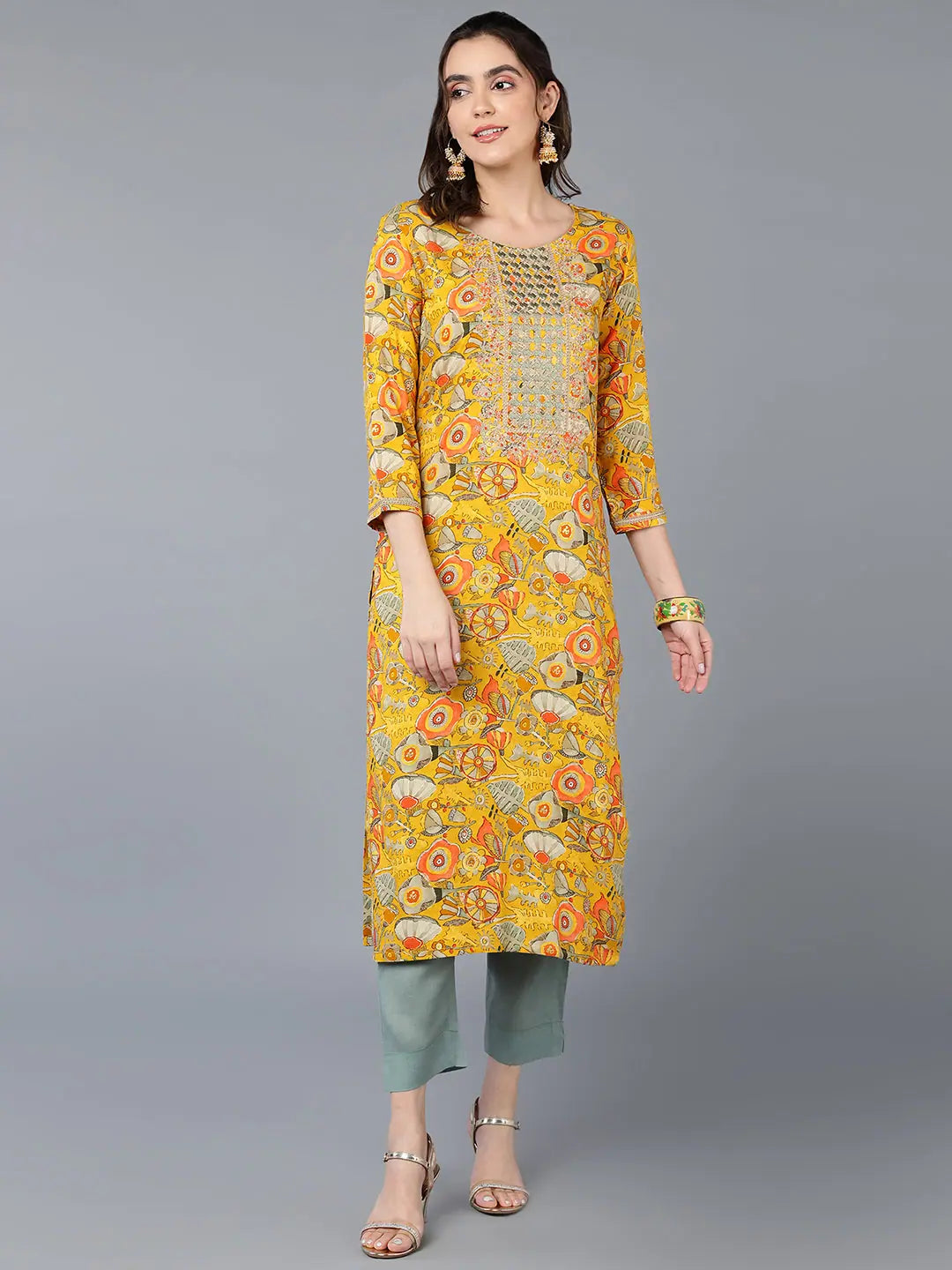 Yellow Embroidered Kurta | Viscose Rayon Indian Kurta for Women