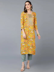 Viscose Rayon Yellow Printed Straight Kurta