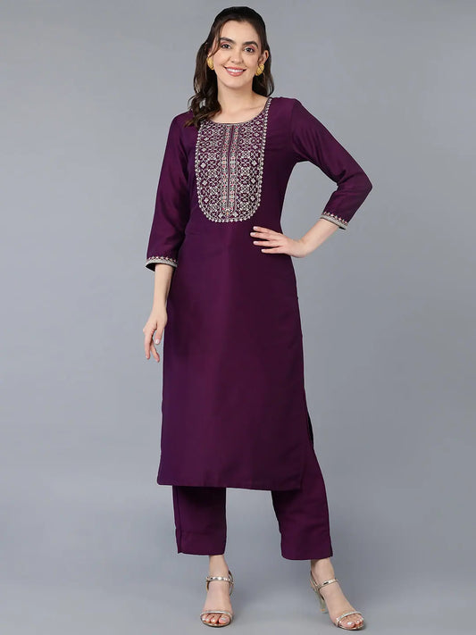 Silk Blend Purple Embroidered Straight Kurta 1080