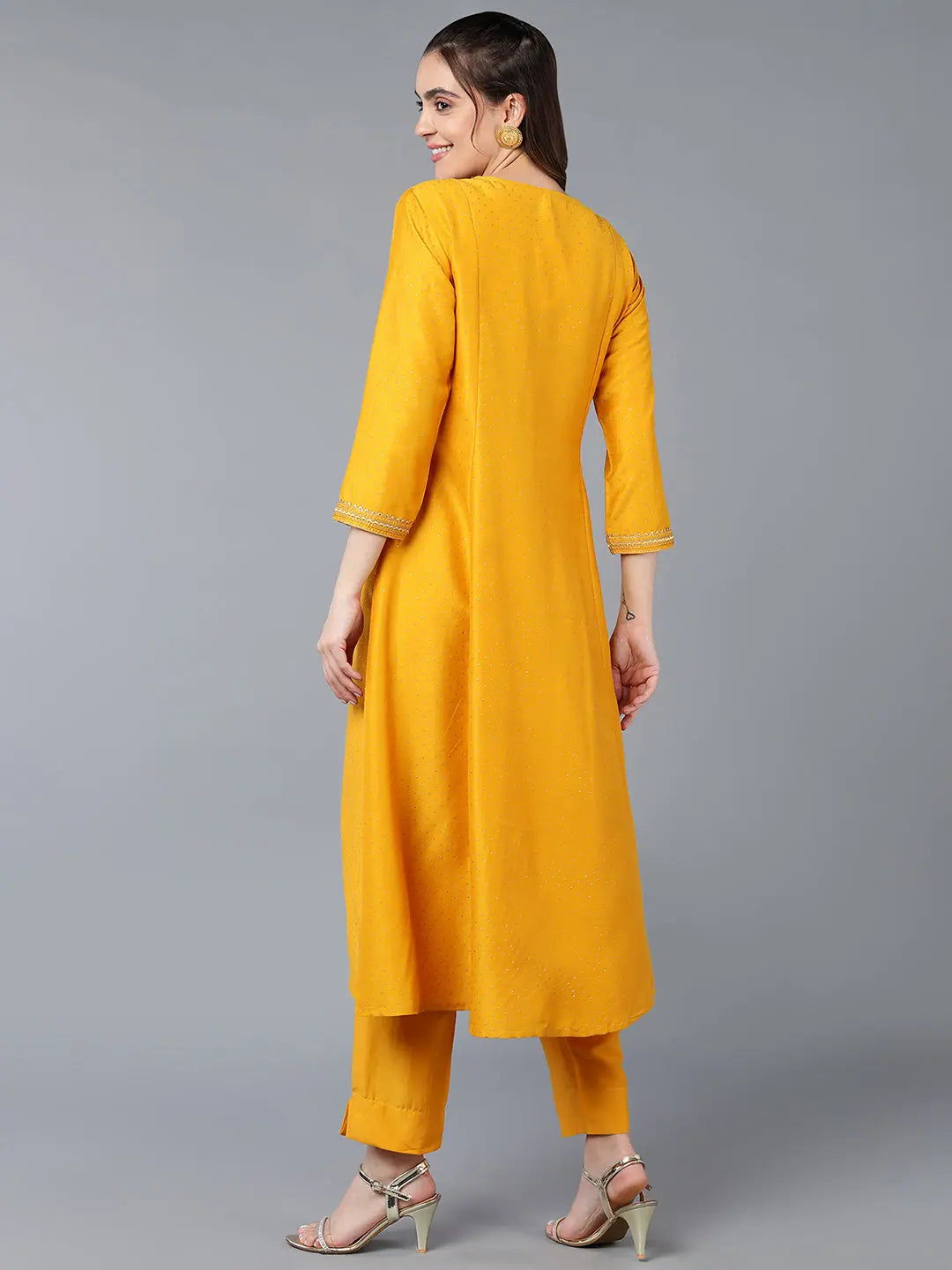 Yellow Embroidered Flared Indian Kurtas for Women-Silk Blend