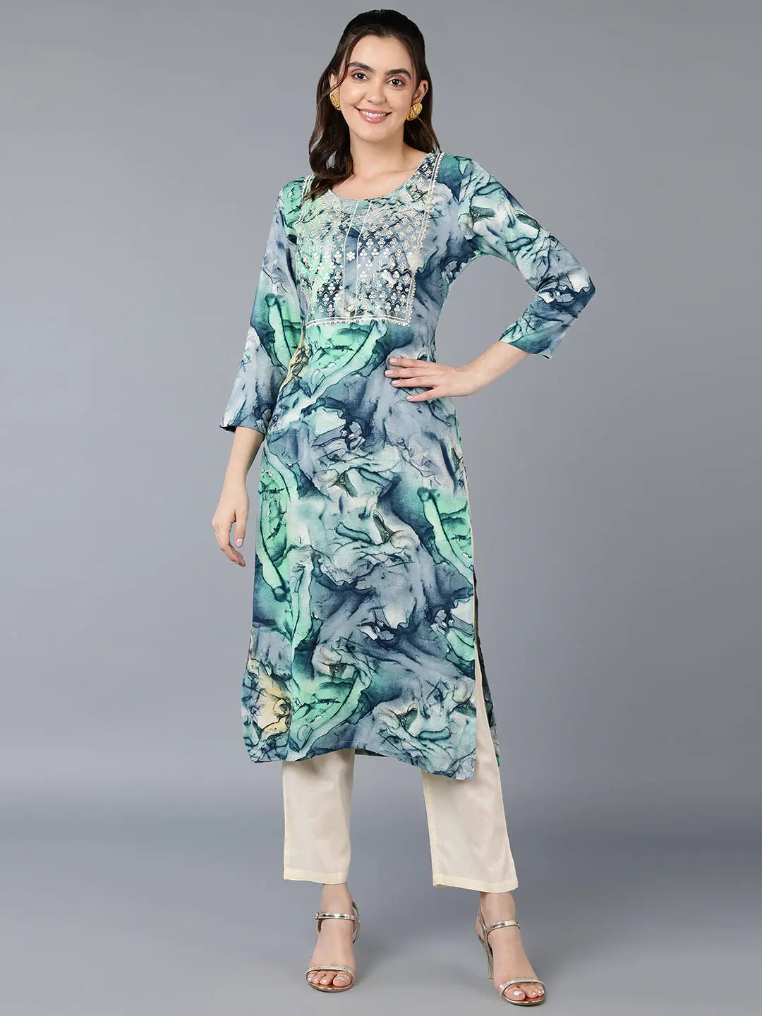 Viscose Rayon Blue Marble Print Indian Kurta for Women
