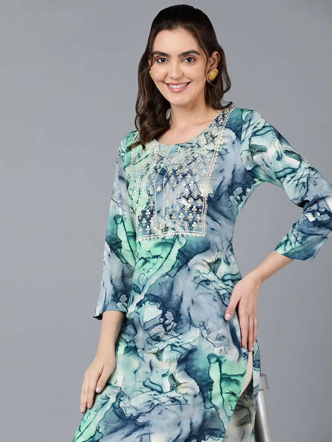 Viscose Rayon Blue Marble Print Indian Kurta for Women