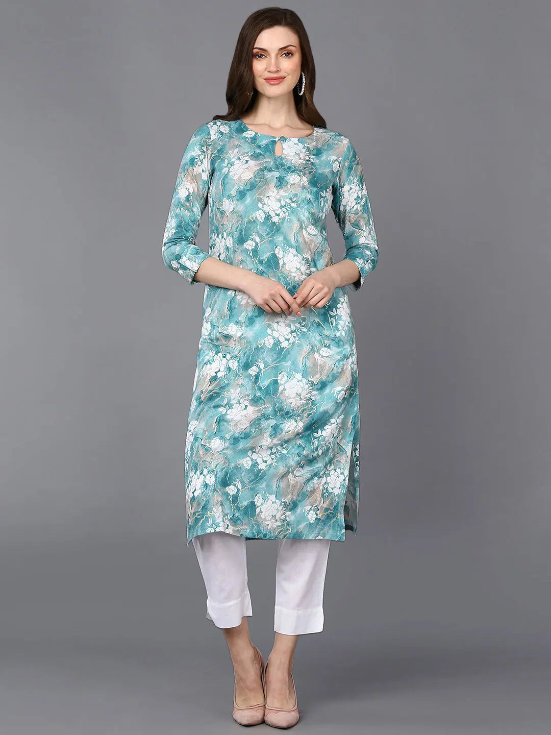 Aqua Blue Marble Viscose Rayon Indian Kurta for Women Aqua Blue Marble Viscose Rayon Indian Kurta for Women