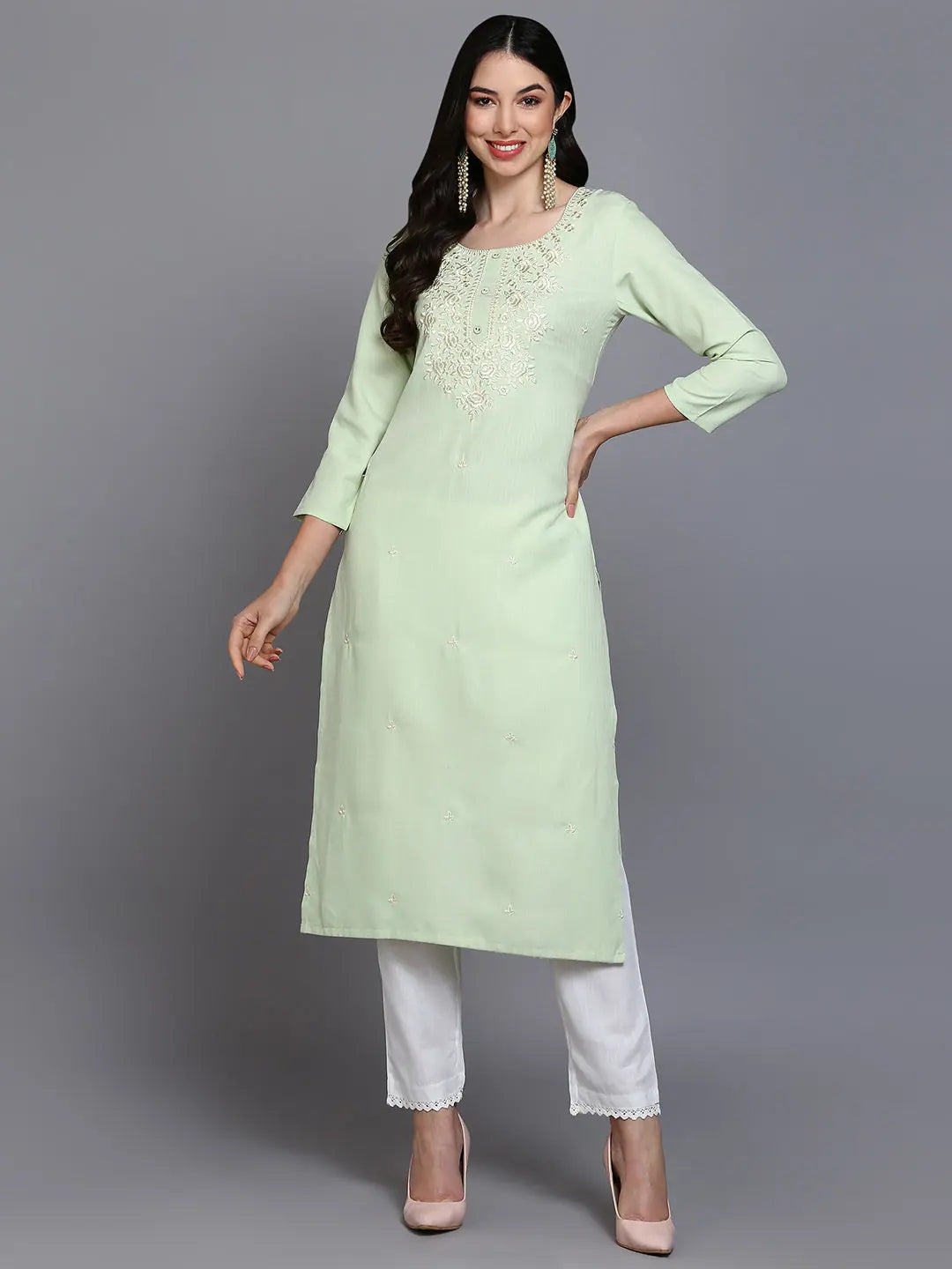 Lime Green Embroidered Indian Kurta for Ladies - Cotton Blend