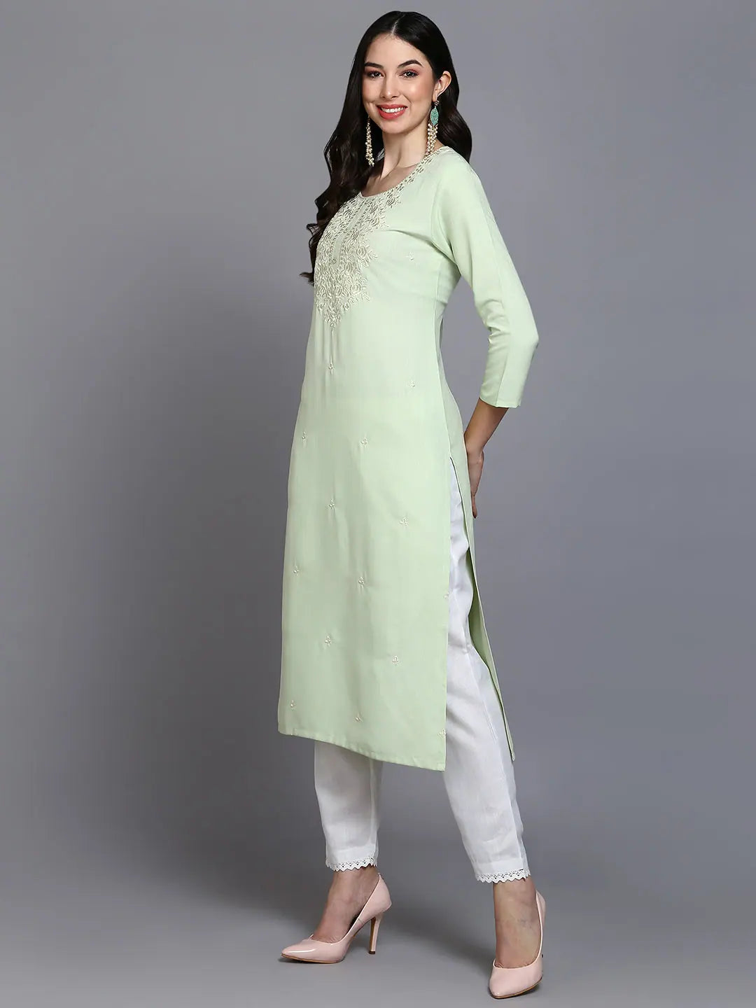 Lime Green Embroidered Indian Kurta for Ladies - Cotton Blend