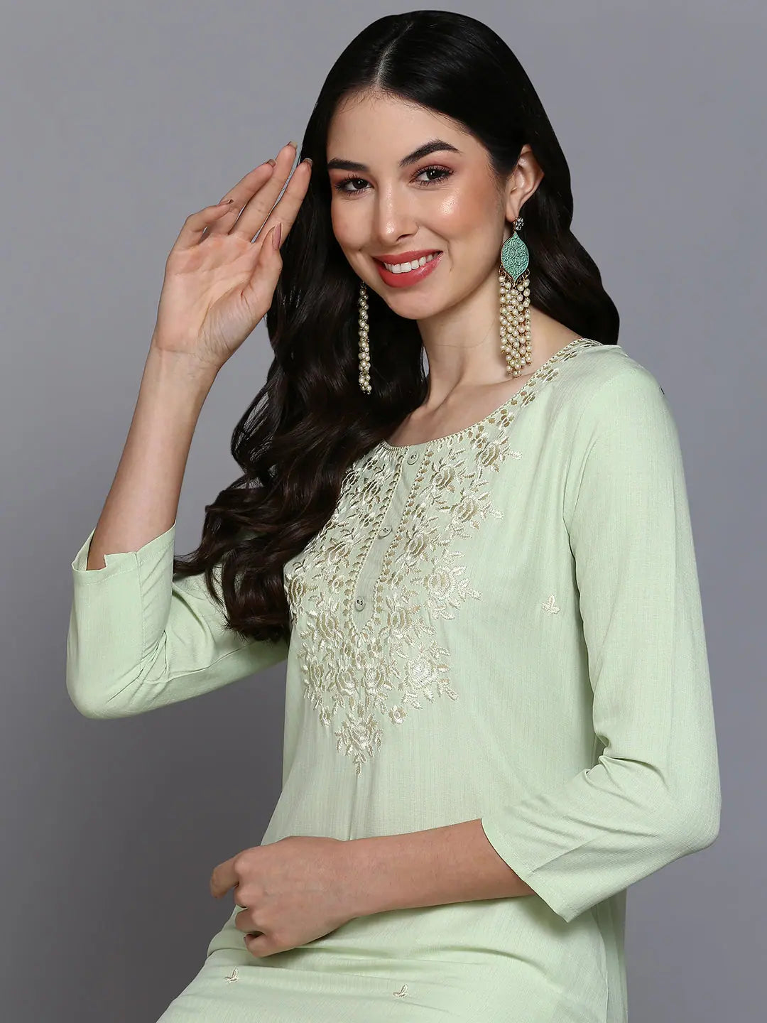 Lime Green Embroidered Indian Kurta for Ladies - Cotton Blend