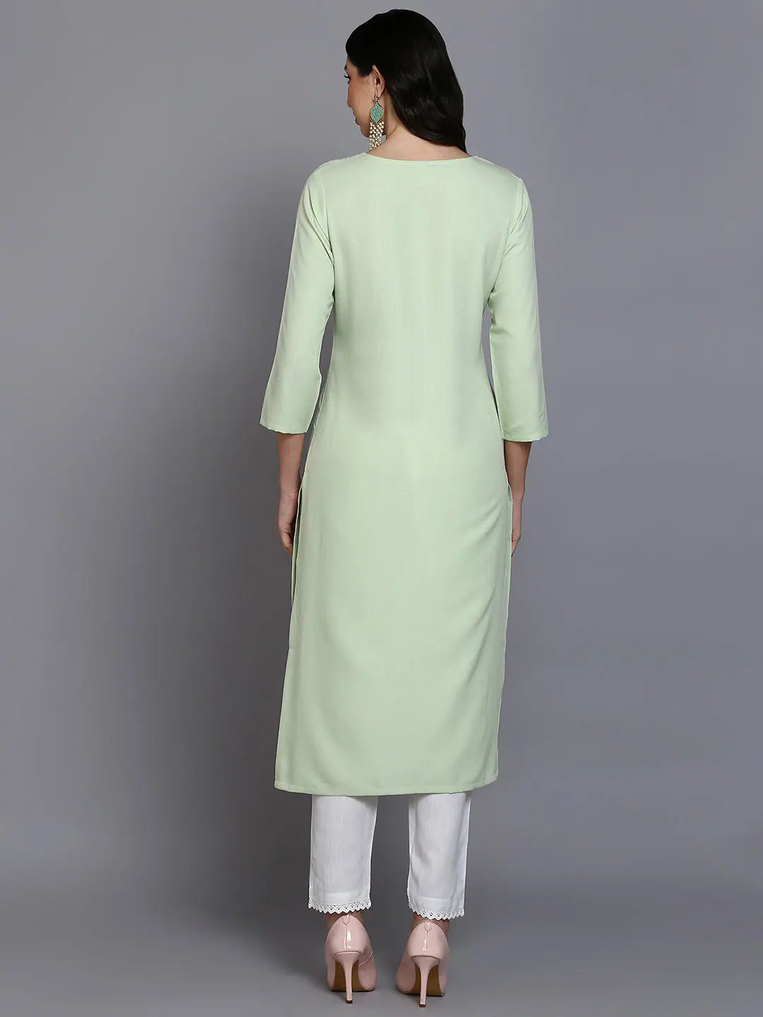 Lime Green Embroidered Indian Kurta for Ladies - Cotton Blend