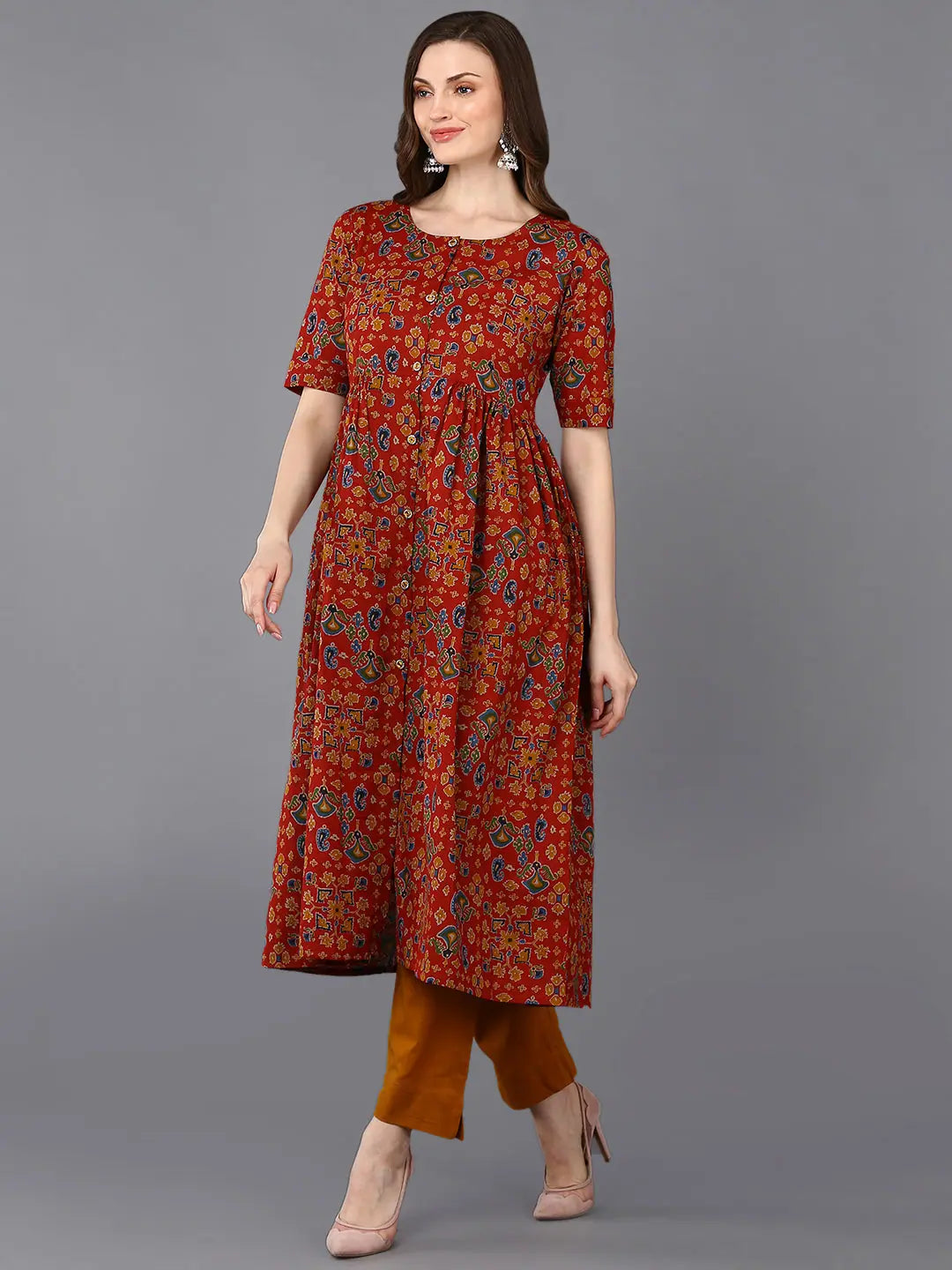 Yellow Floral Kurta - Viscose Rayon Indian Kurta for Women