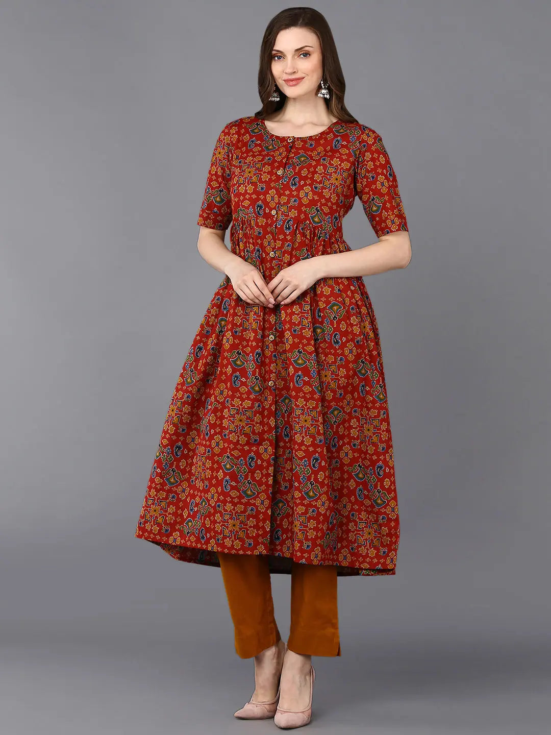 Yellow Floral Kurta - Viscose Rayon Indian Kurta for Women