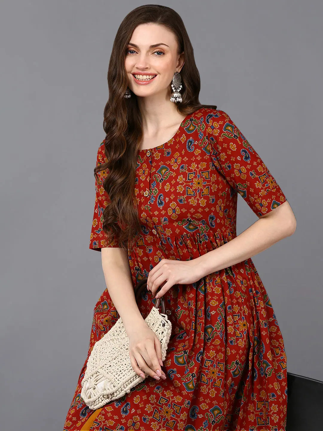 Yellow Floral Kurta - Viscose Rayon Indian Kurta for Women