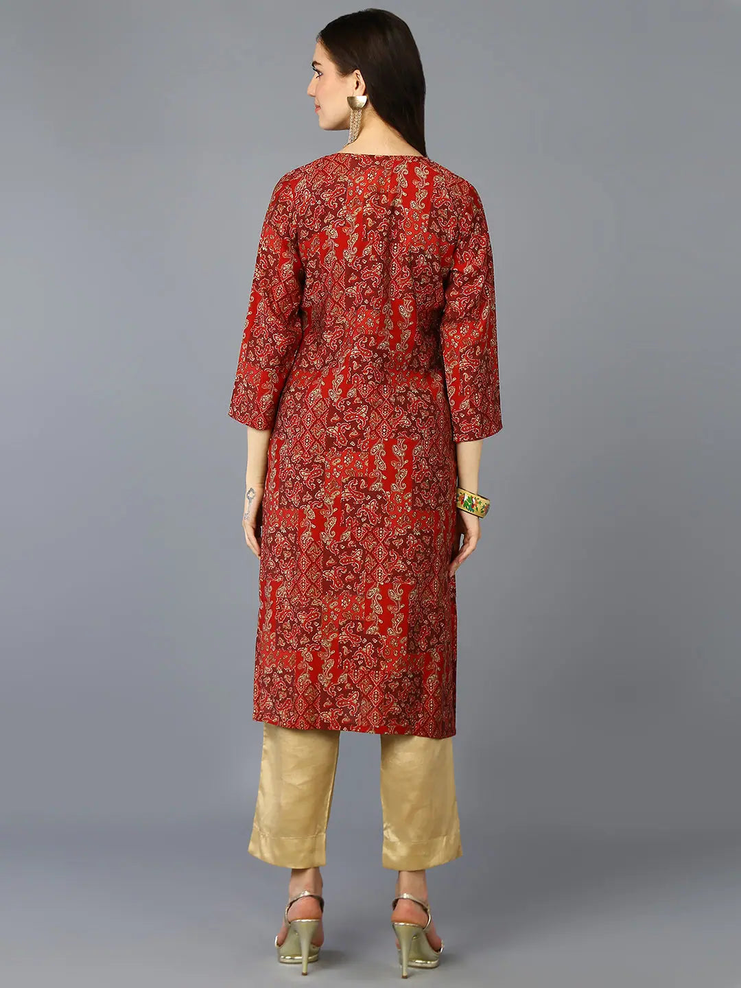 Red Silk Indian Kurta - Ethnic Motifs for Women's Festive Style