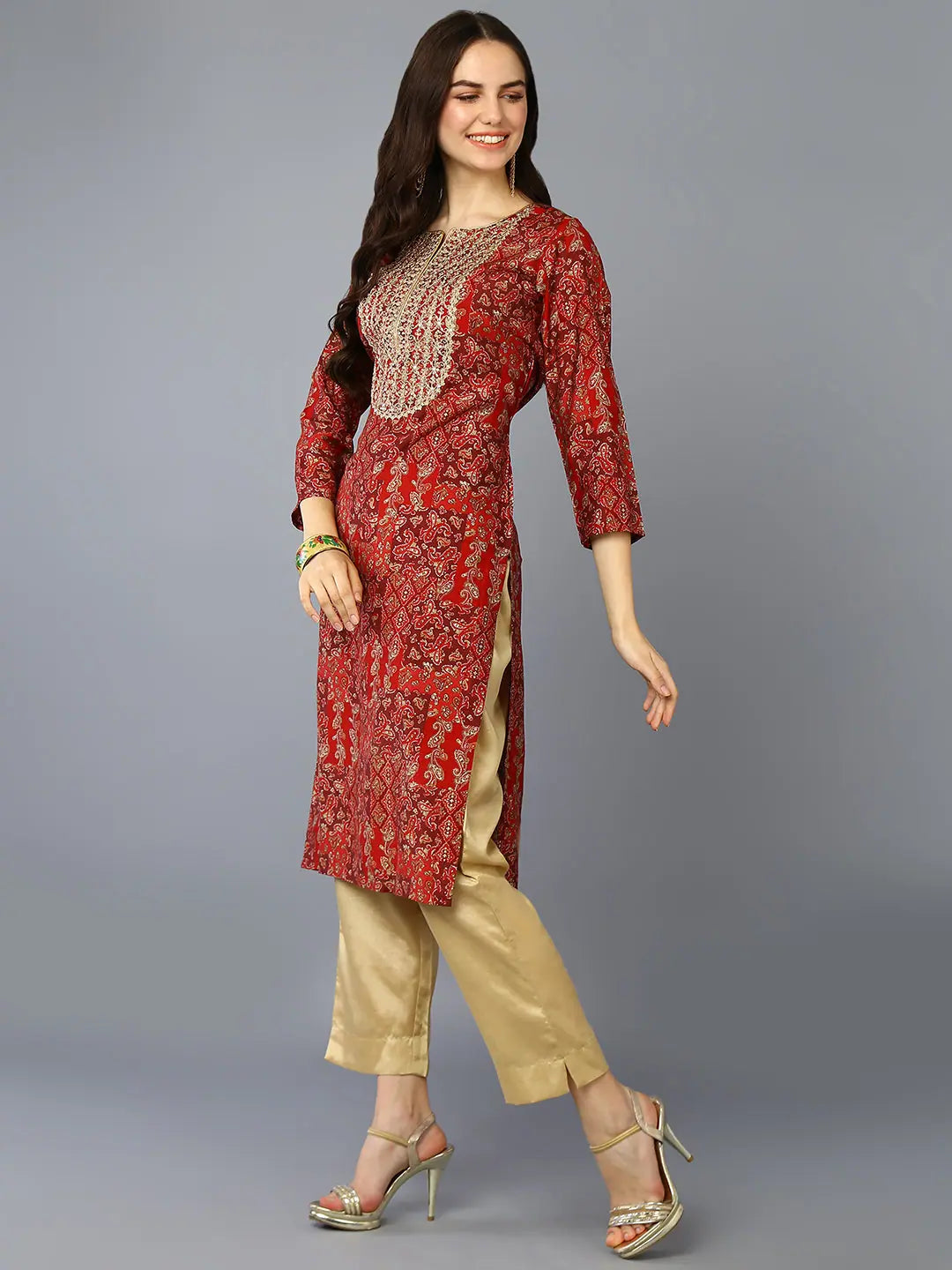 Red Silk Indian Kurta - Ethnic Motifs for Women's Festive Style