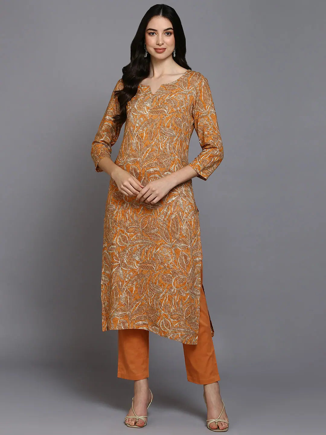 Viscose Rayon Orange Printed Straight Kurta