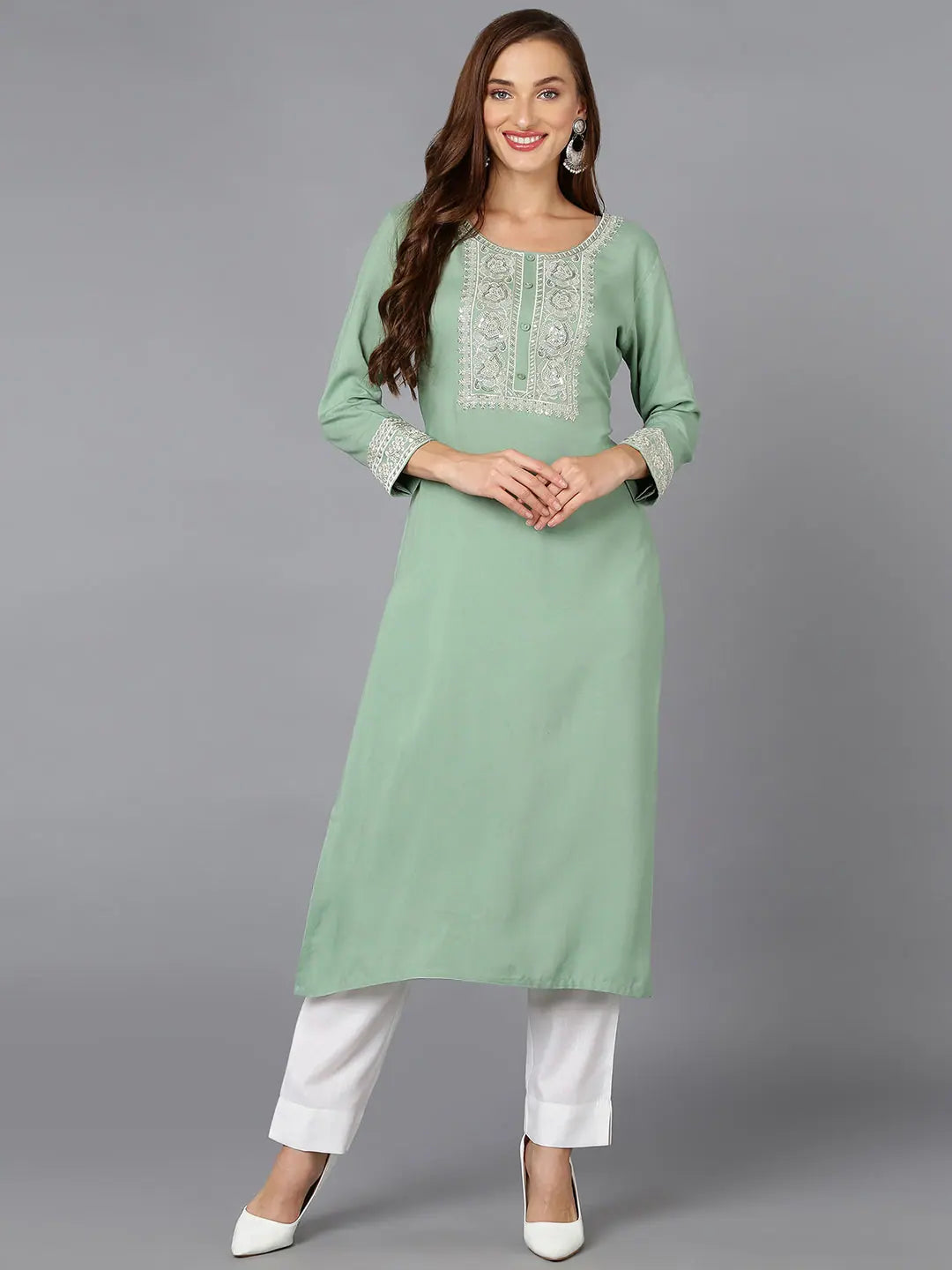 Viscose Embroidered Kurta - Sea Green Indian Kurta for Women Viscose Embroidered Kurta - Sea Green Indian Kurta for Women