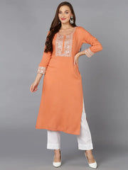 Viscose Rayon Coral Peach Embroidered Kurta