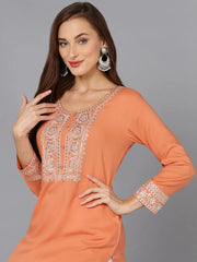 Viscose Rayon Coral Peach Embroidered Kurta