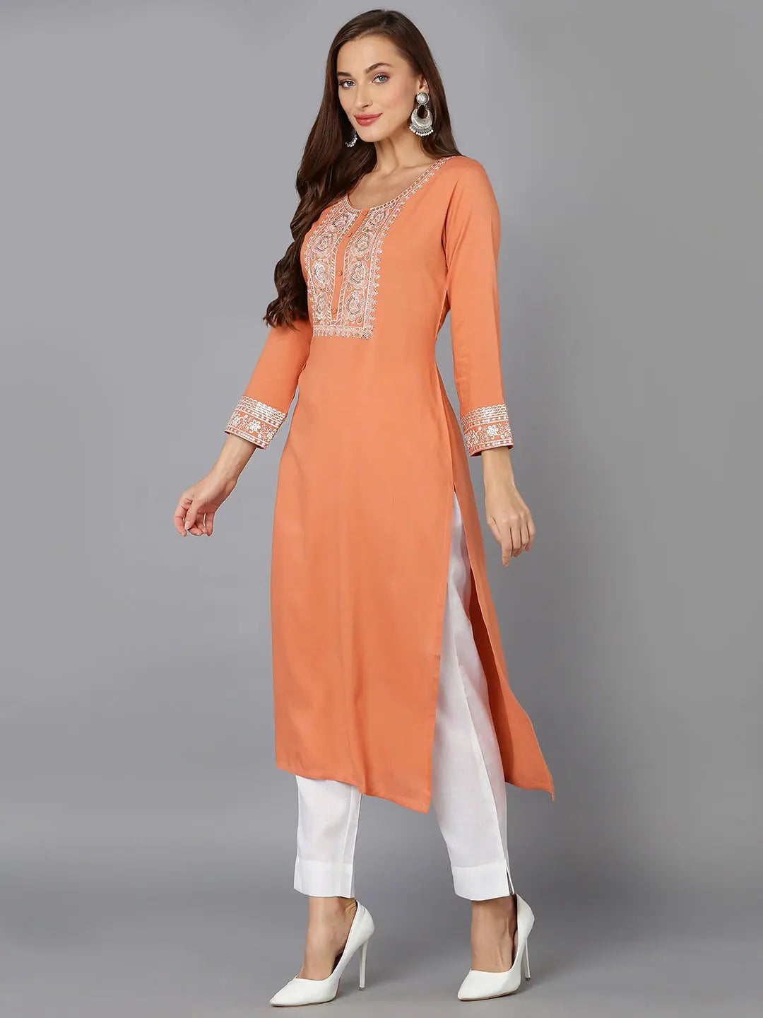 Coral Peach Embroidered Indian Kurta for Women - Viscose Rayon