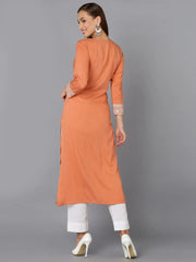 Viscose Rayon Coral Peach Embroidered Kurta